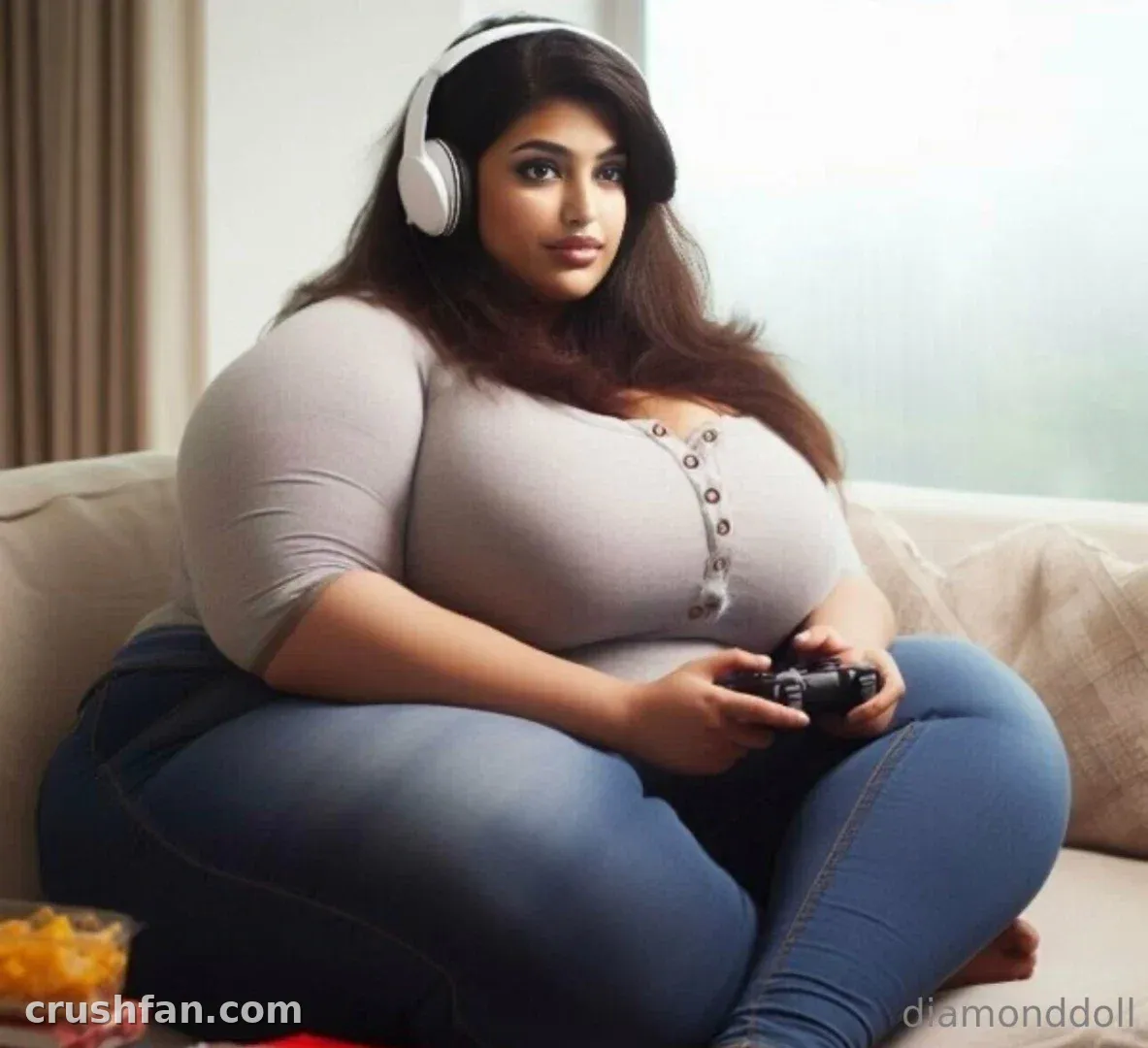 Diamonddoll in headphones and a grey top holding a controller while sitting on a sofa
