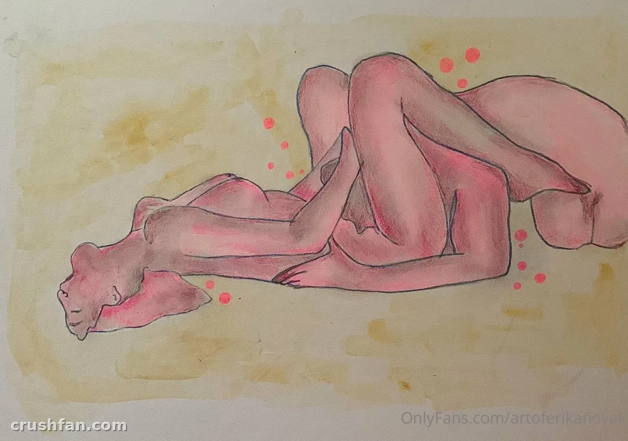 Watercolour painting of two nude figures curled together in pink and ochre tones