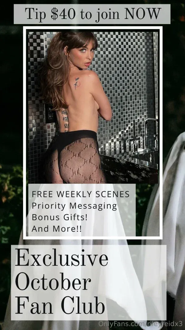 Riley Reid in a monochrome promo graphic with text overlays and a tiled background.