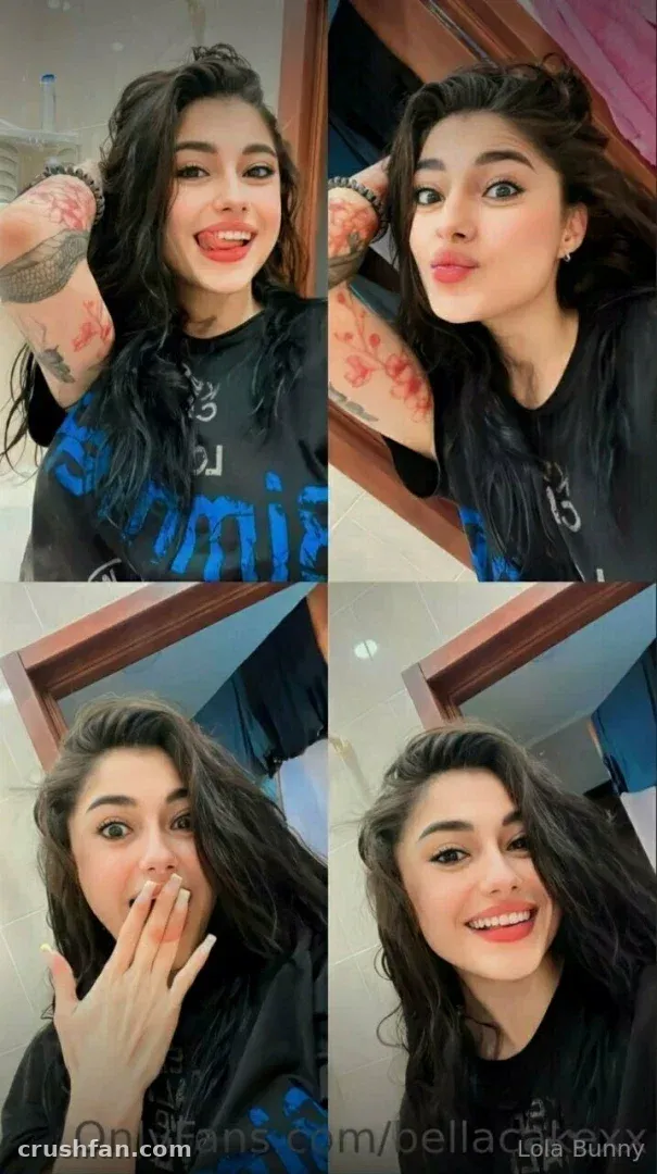 Foxy Uzumaki in a four-panel selfie collage wearing a black graphic t-shirt indoors.
