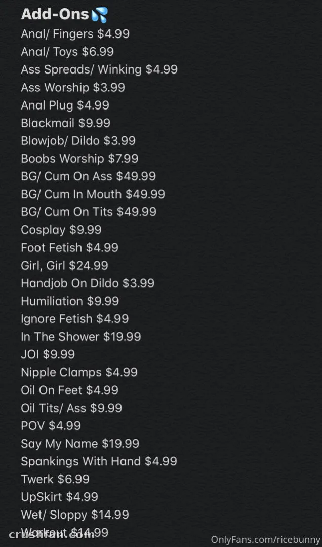 Menú de texto que enumera opciones de complementos y precios para Rice Bunny.