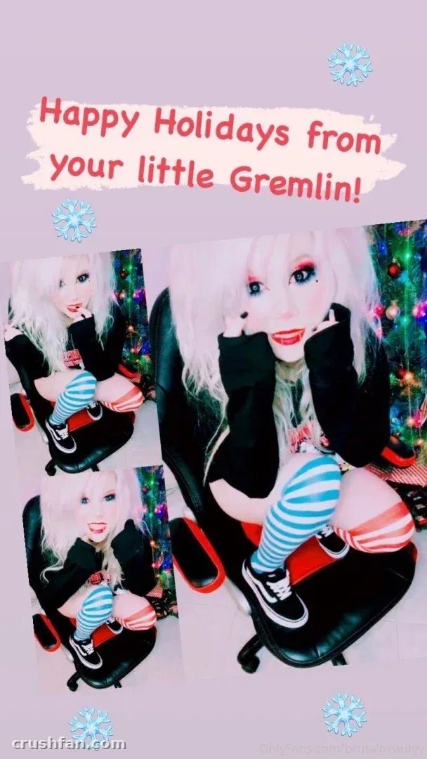 Brutalbeautyy in a holiday collage wearing striped socks and sitting in a gaming chair.