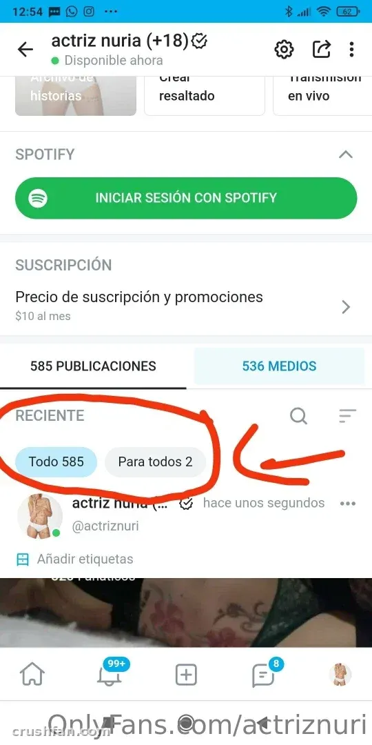 Screenshot of a creator profile page with subscription options and a tattooed shoulder photo below
