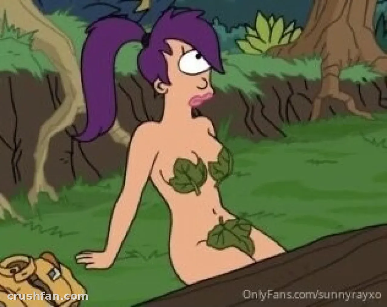 Ilustração de selva em desenho animado com uma figura de cabelo roxo sentada entre folhas verdes