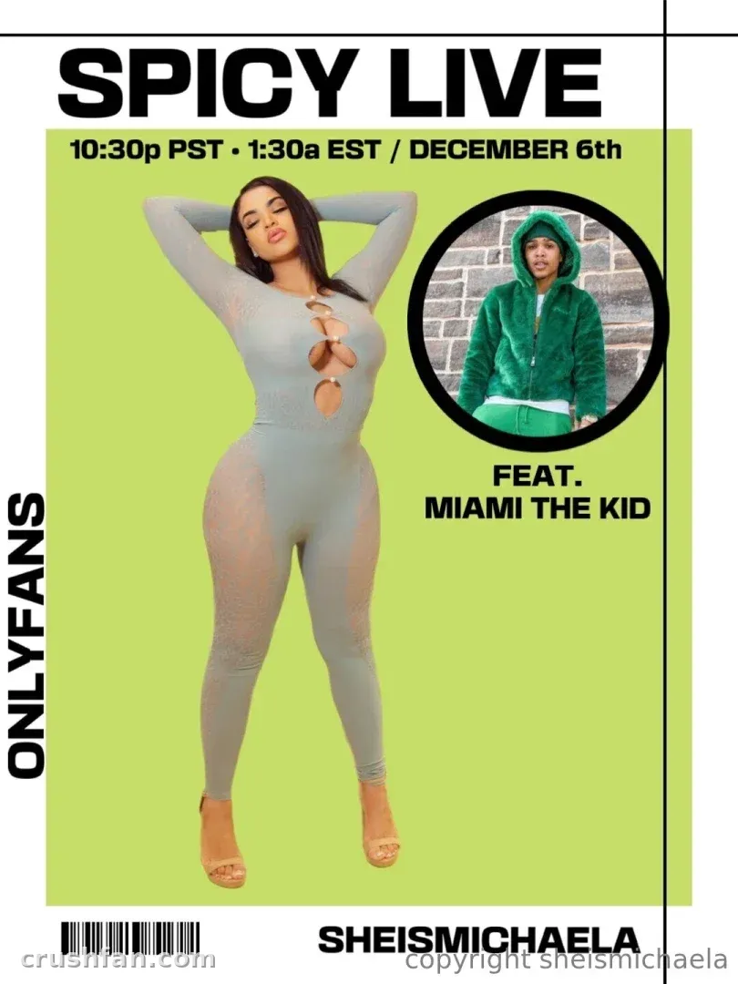 Michaela poses in a pale grey bodysuit on a lime green promotional background.