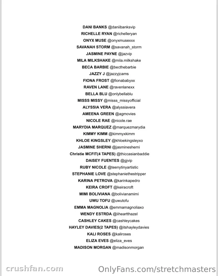 Text graphic listing creator names and handles on a white background.