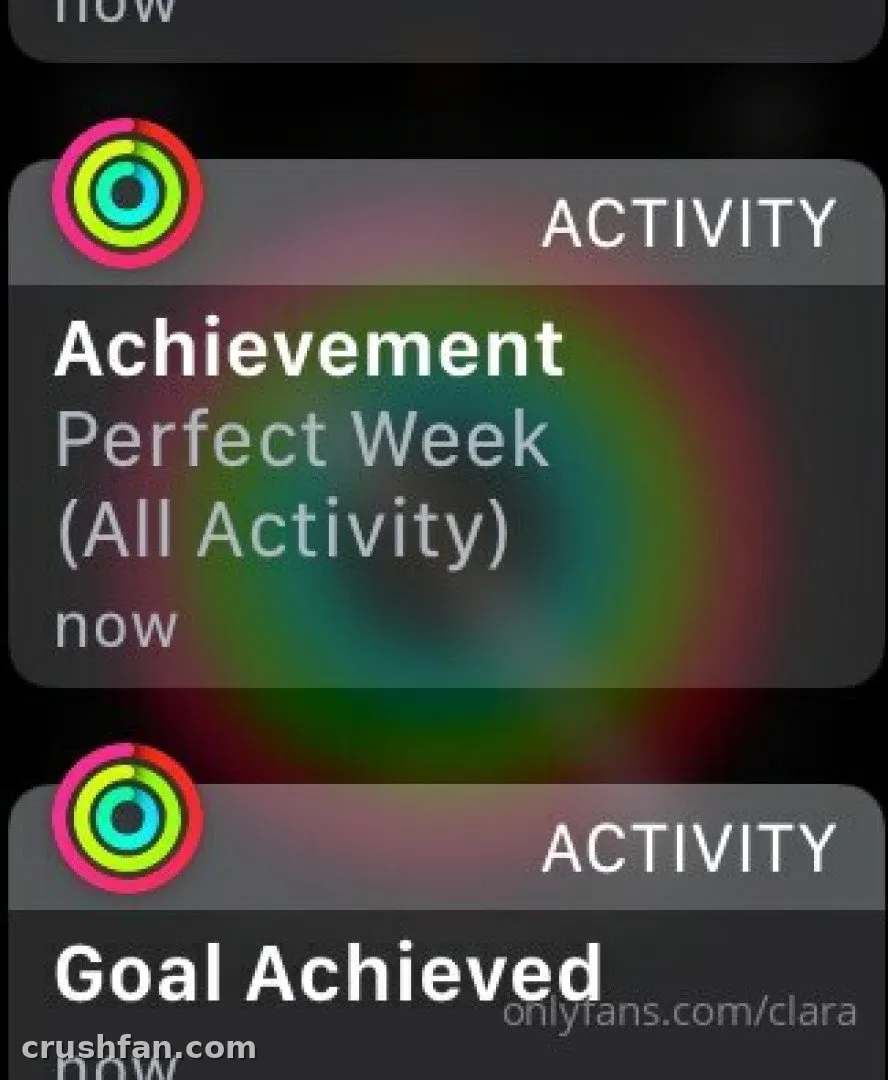 Close-up of a mobile activity feed with colourful achievement icons and a dark background.