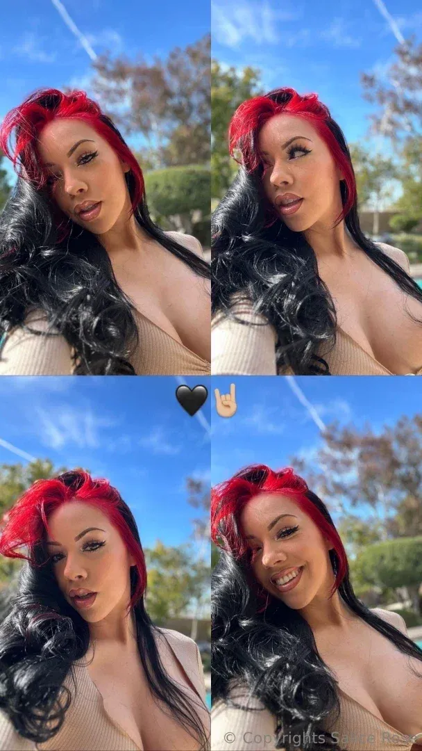 Salice Rose dans un collage de selfies en extérieur à quatre panneaux sous un ciel bleu.