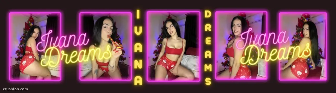 Ivana con lencería roja de lunares en un collage navideño de cinco paneles rosa neón