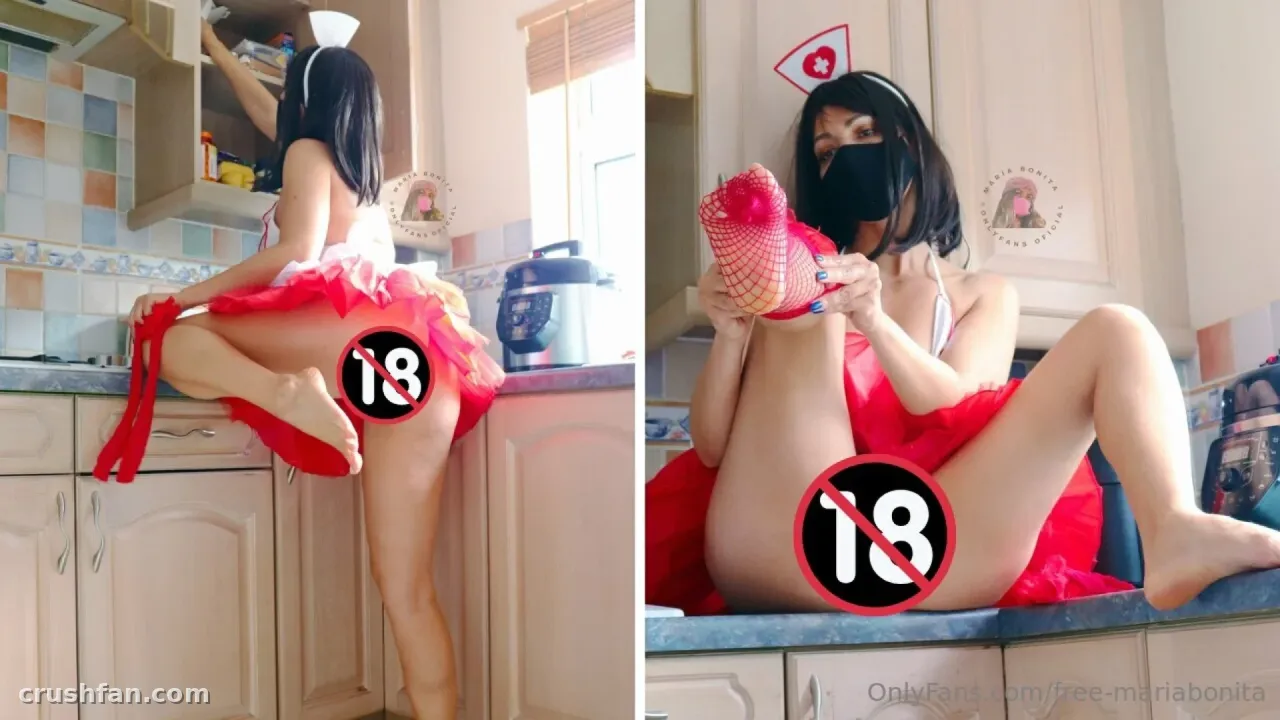 Maria Bonita en tutu rouge et talons posant sur un comptoir de cuisine en deux cadres