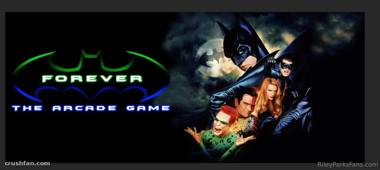 Retro-Arcade-Spiel-Banner mit leuchtendem Emblem und kostümierten Charakteren auf dunklem Hintergrund