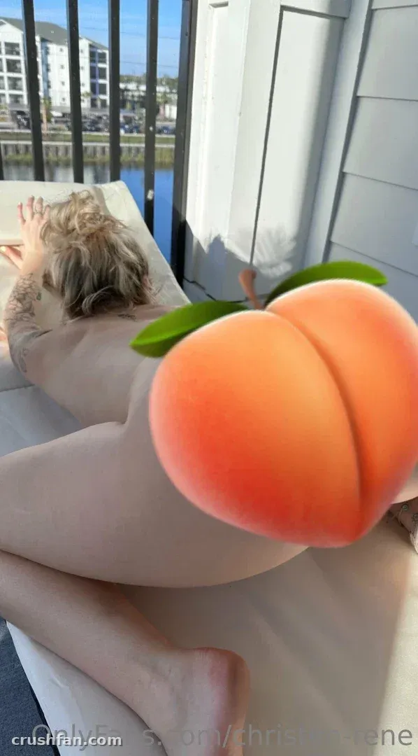 Christen relaxing on a balcony lounge chair with a peach graphic overlay