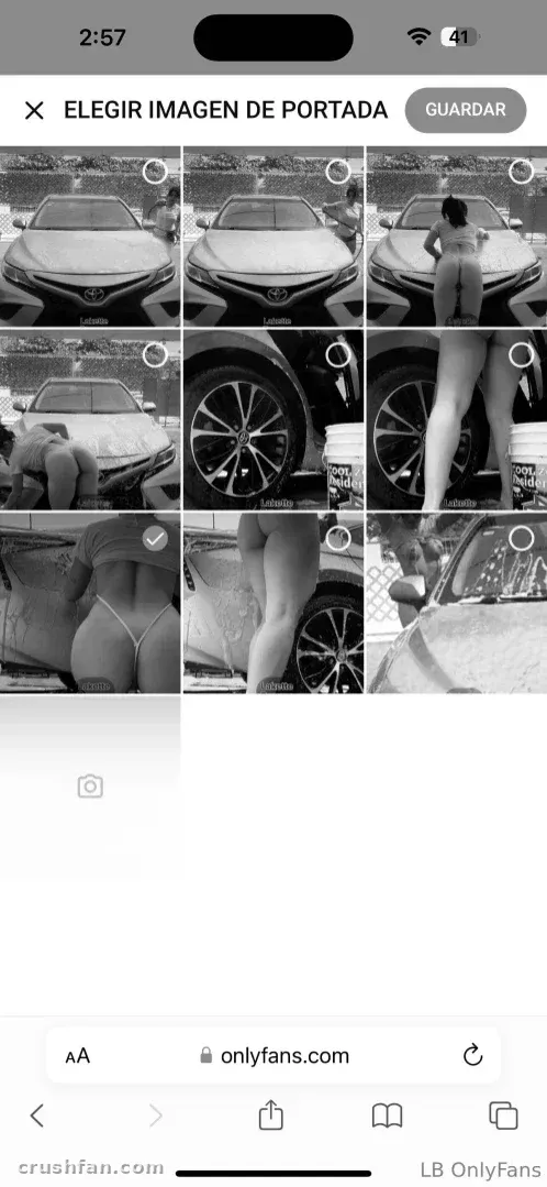 Lakette Barraza in a black and white cover image selection grid beside a car