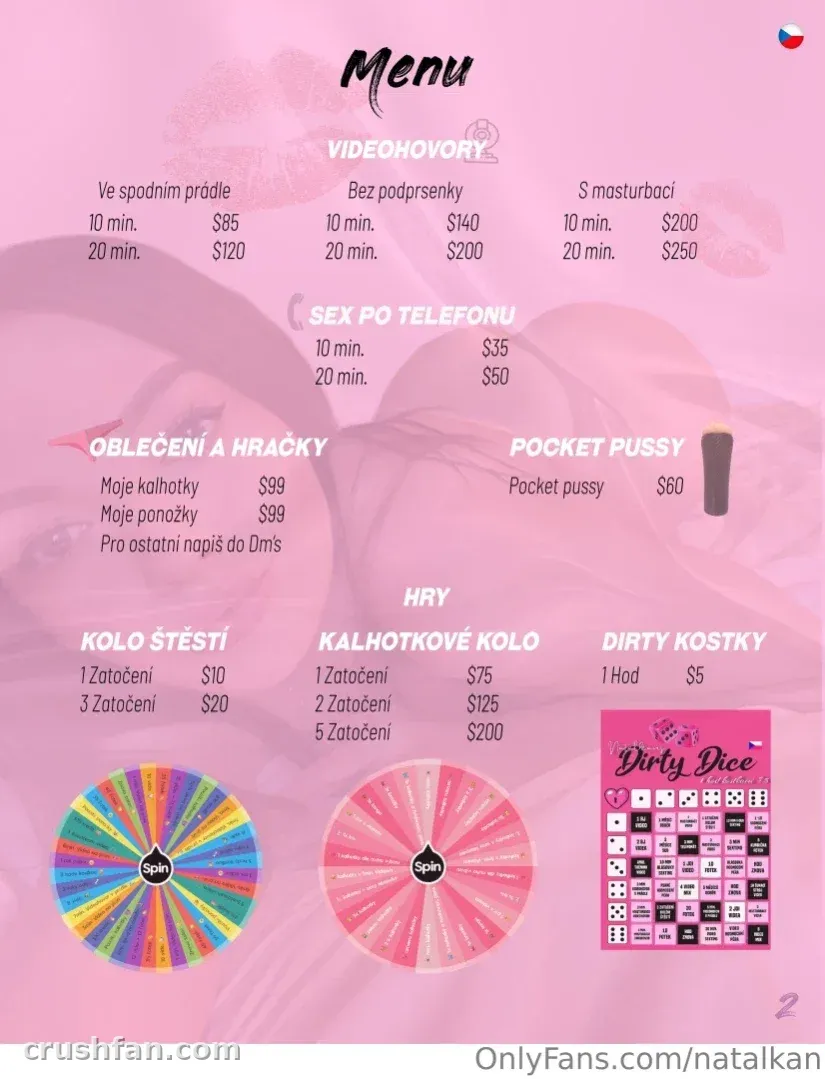 Pink menu-style graphic with service list, prices and colourful game wheels