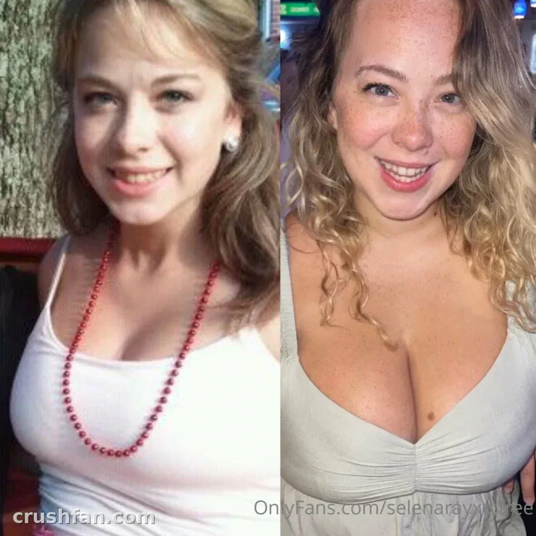 Selena Ray smiling in two side-by-side close-up portraits with different hairstyles.