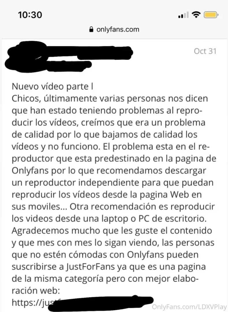 Screenshot of a text update from LDXV about video playback on a mobile screen.