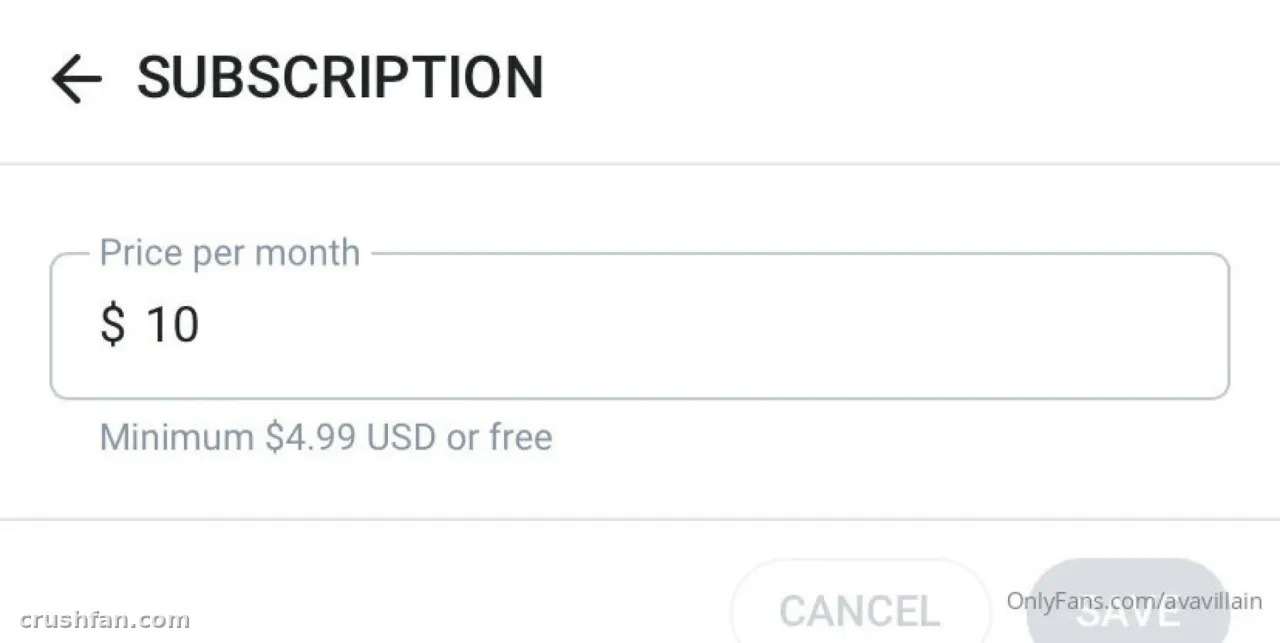 Subscription settings screen showing a ten dollar monthly price field and cancel button