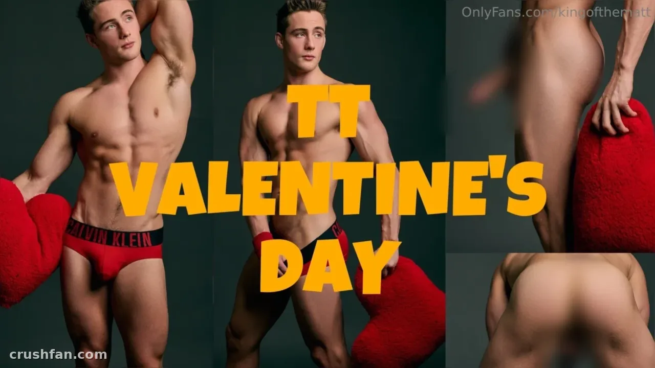 Collage of a bare-chested man in red underwear holding a red plush heart against a teal wall