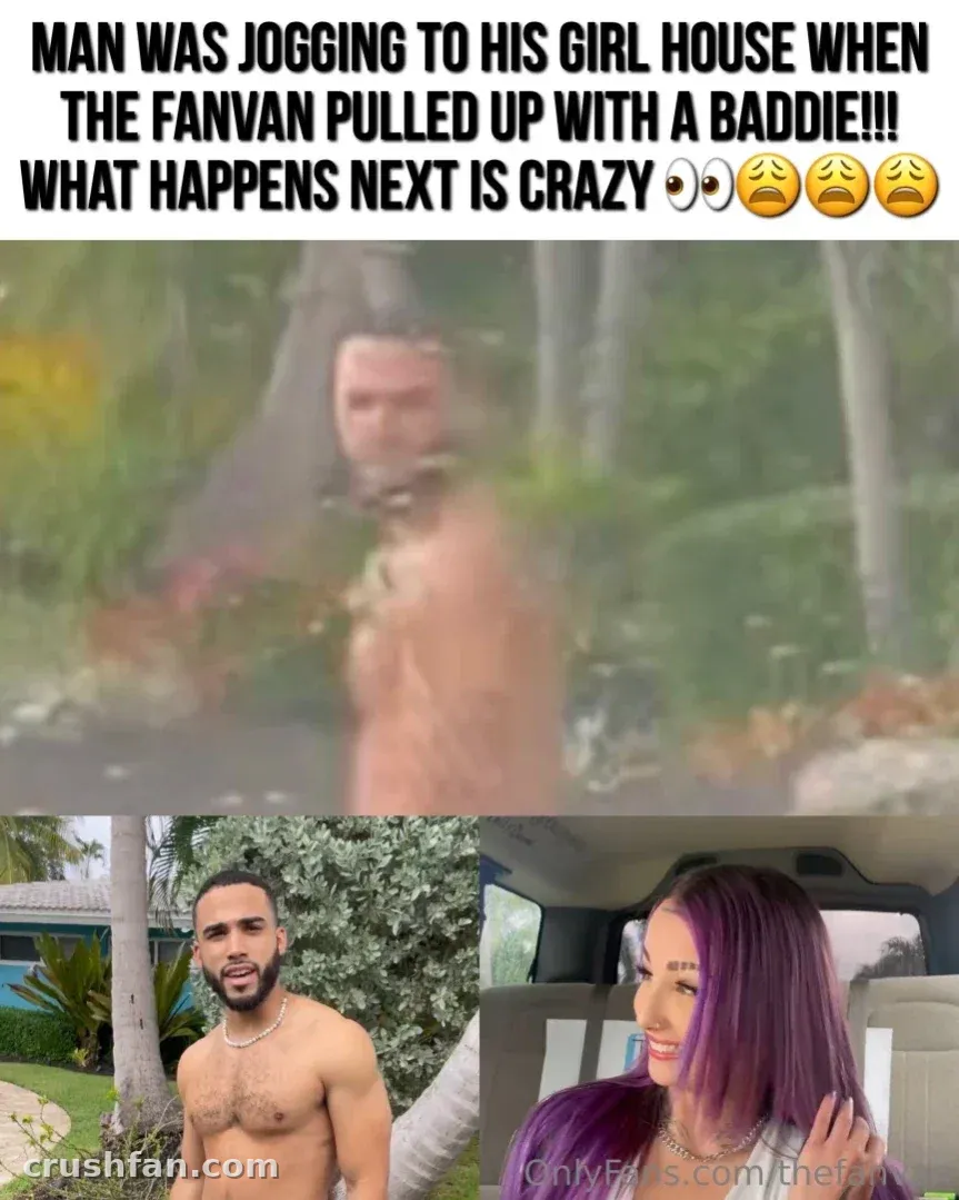 Split image with a blurred outdoor shot, a shirtless man by palm trees, and a purple-haired woman in a car.