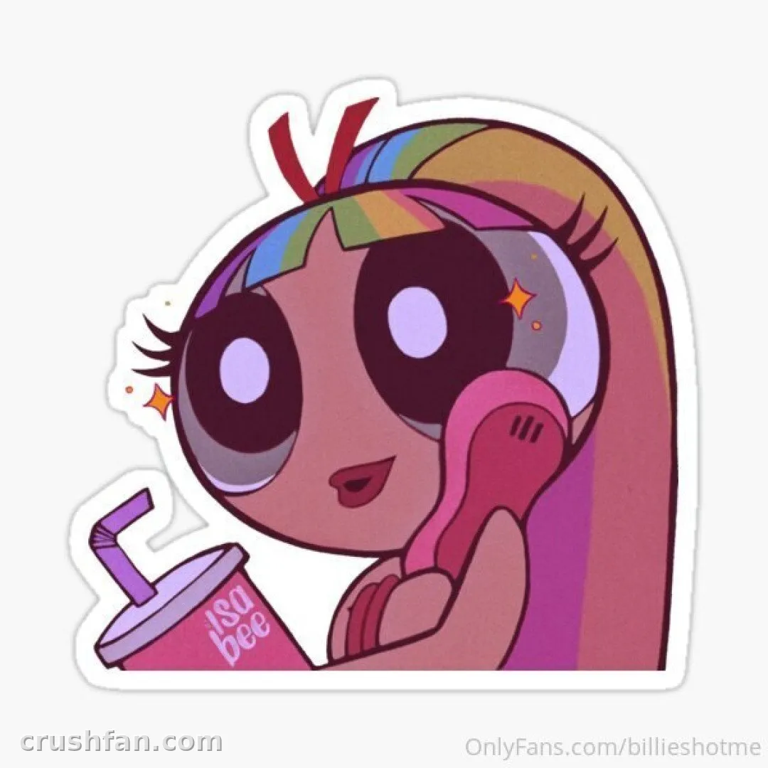 Cartoon sticker illustration of a character with rainbow hair holding a pink phone