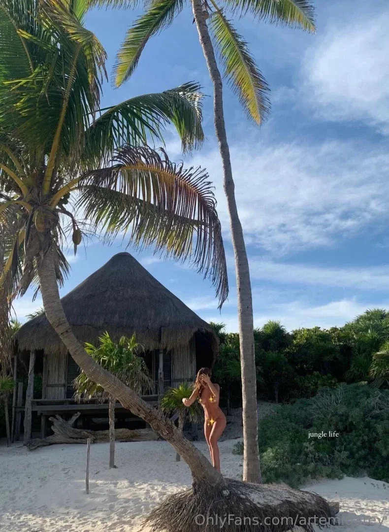 Artemida Rey in a bikini standing on a sandy beach beside palm trees and a thatched hut