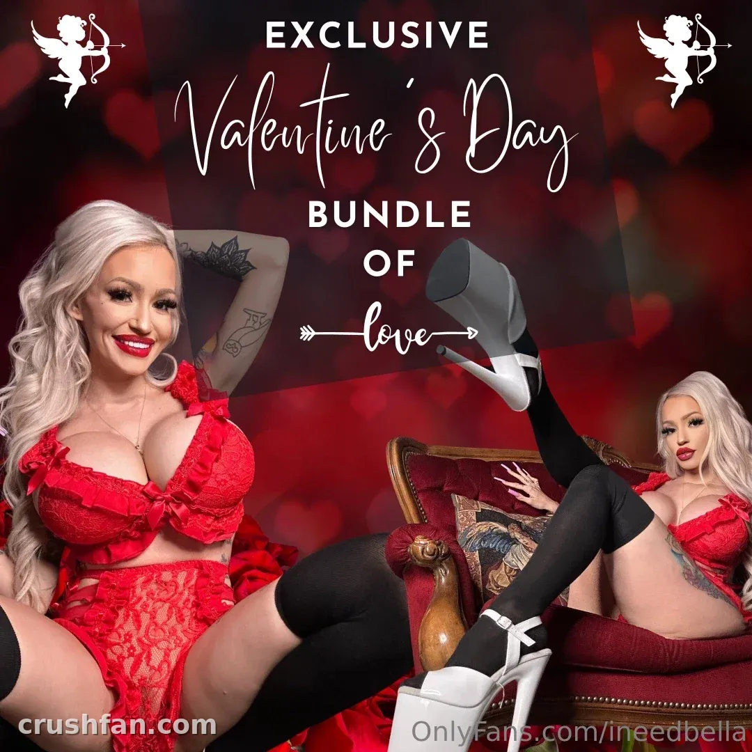 Blonde creator in red lace lingerie and black stockings posed twice against a red heart-themed backdrop