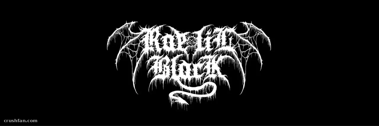 White gothic logo with bat wings and a curled tail on a black background.