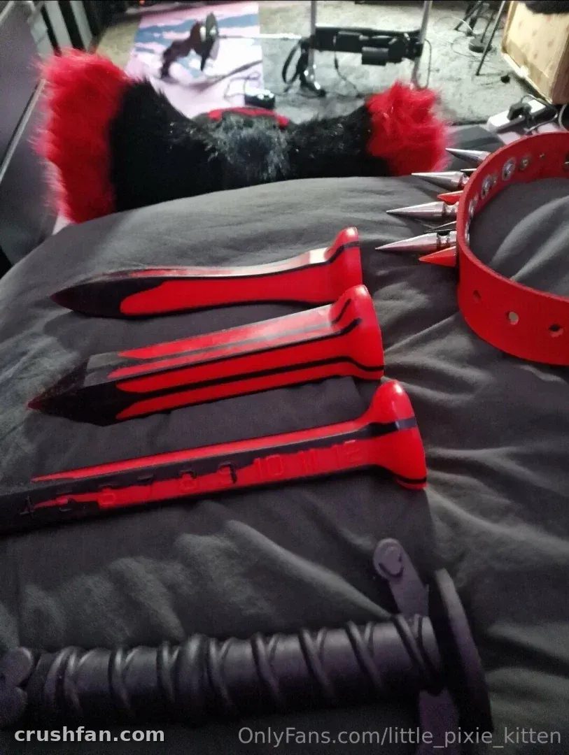 Red and black props and a spiked collar arranged on a dark bedspread.