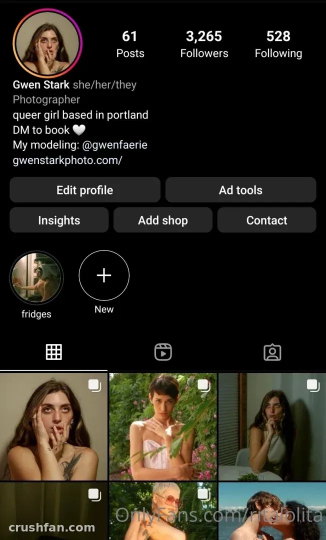 Gwen's profile grid showing soft natural-light portraits