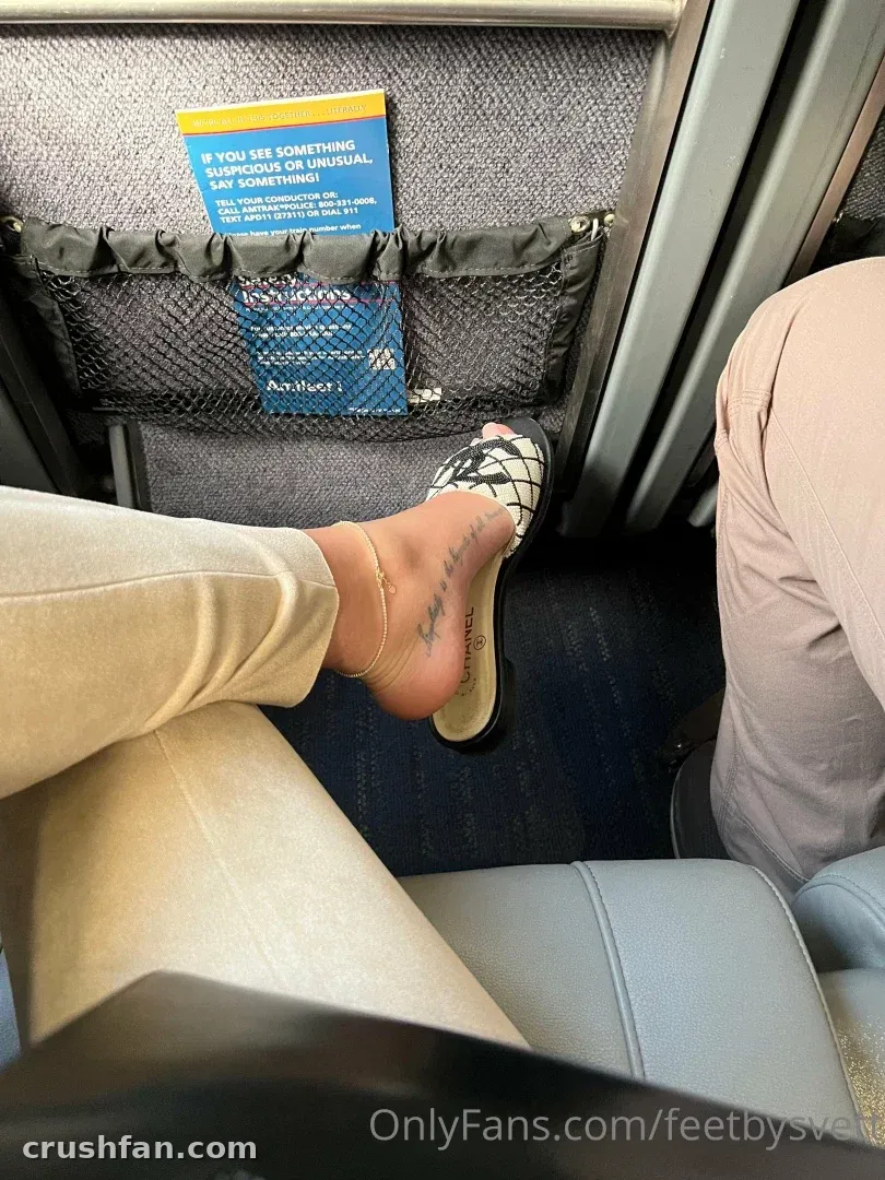 A perna cruzada de uma pessoa de calça bege usando uma sandália slide estampada em um trem.