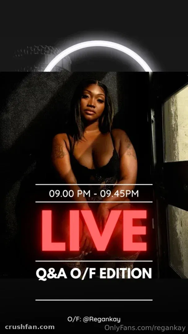 Regan Kay in a dark room with a neon arch and a red LIVE sign.