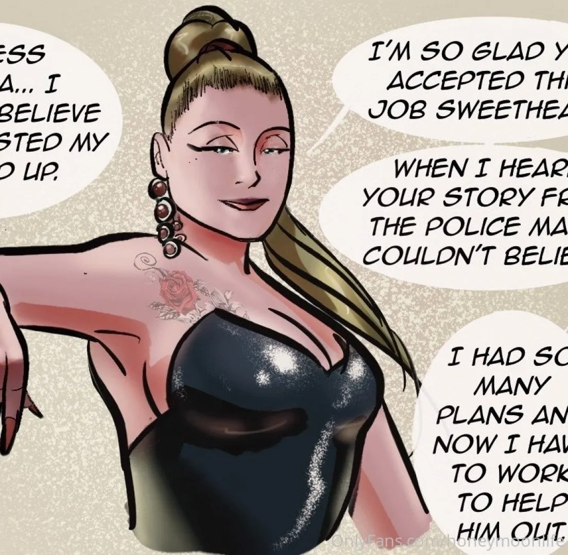 Comic-style illustration of Nude Honeymoon in a glossy black top with speech bubbles around her.