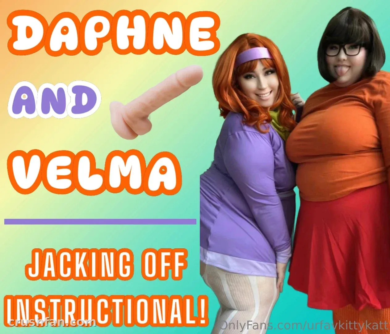 Dos cosplayers con trajes naranjas y morados posan ante un colorido fondo degradado