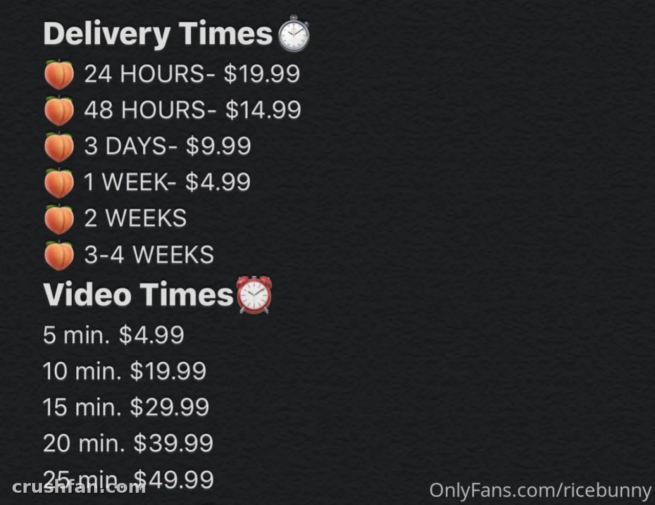 Text-based price list on a dark background with peach and clock emojis.