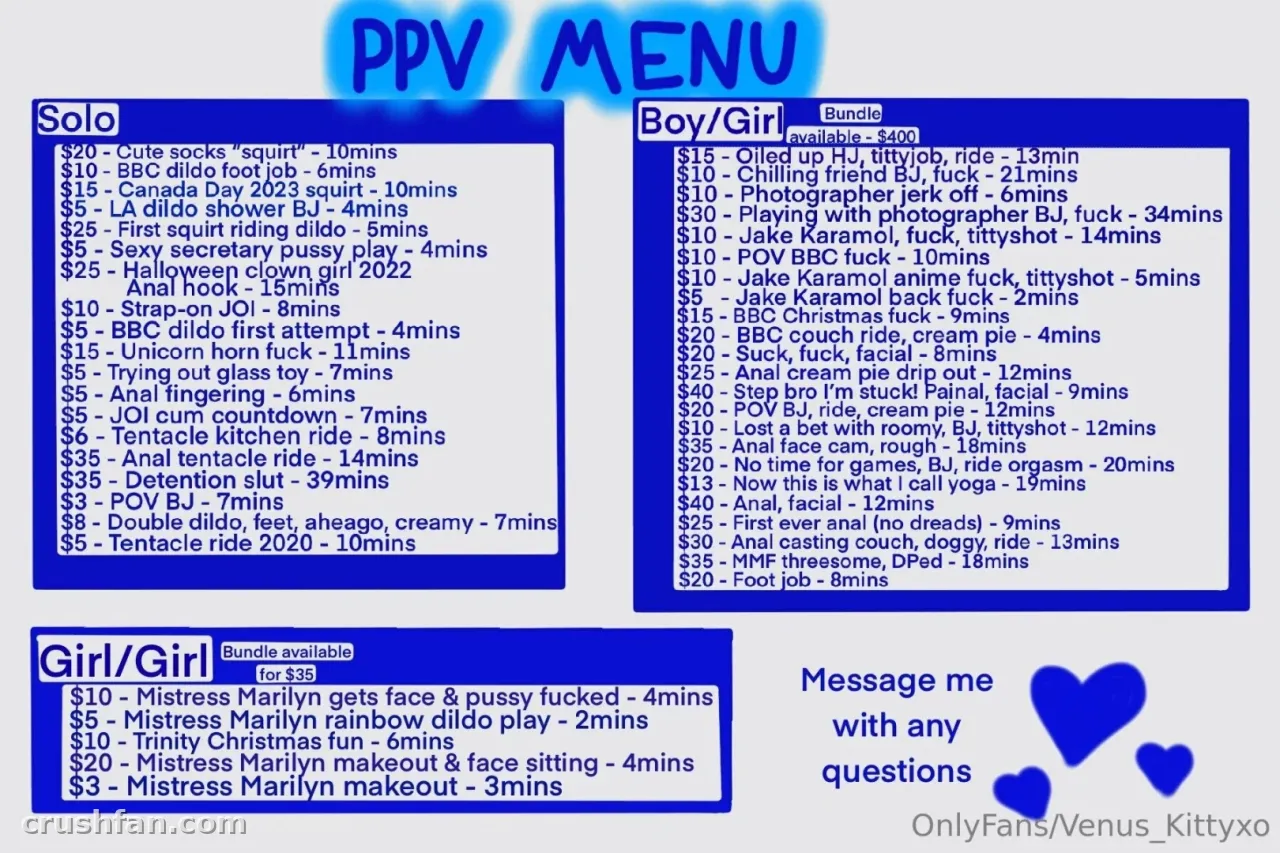 Blue text panels with a list of offerings and prices on a white background