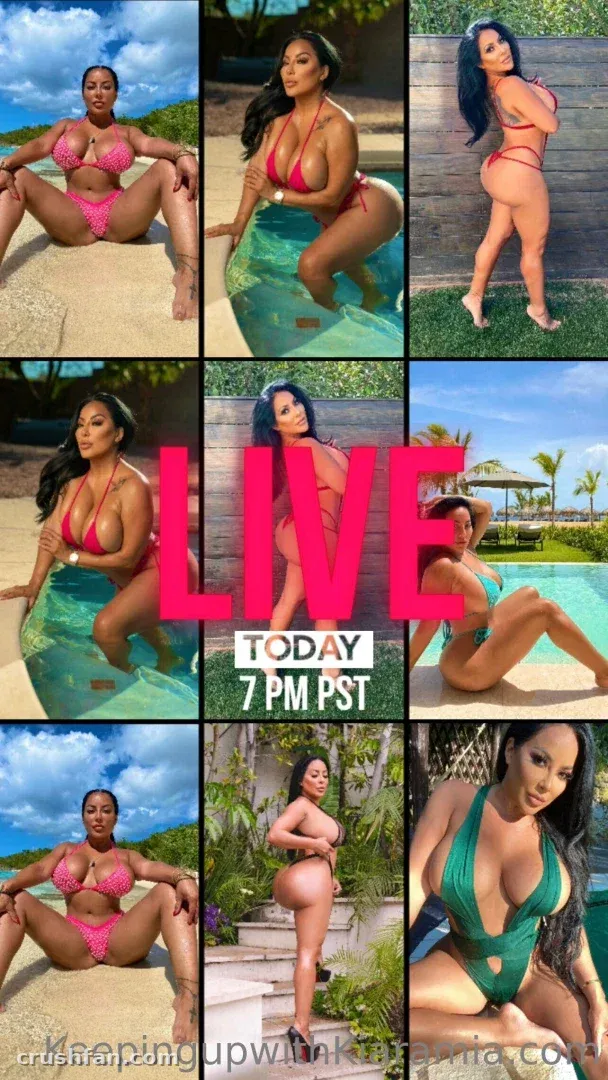 Collage of a woman in various swimsuits posing outdoors by pools and greenery