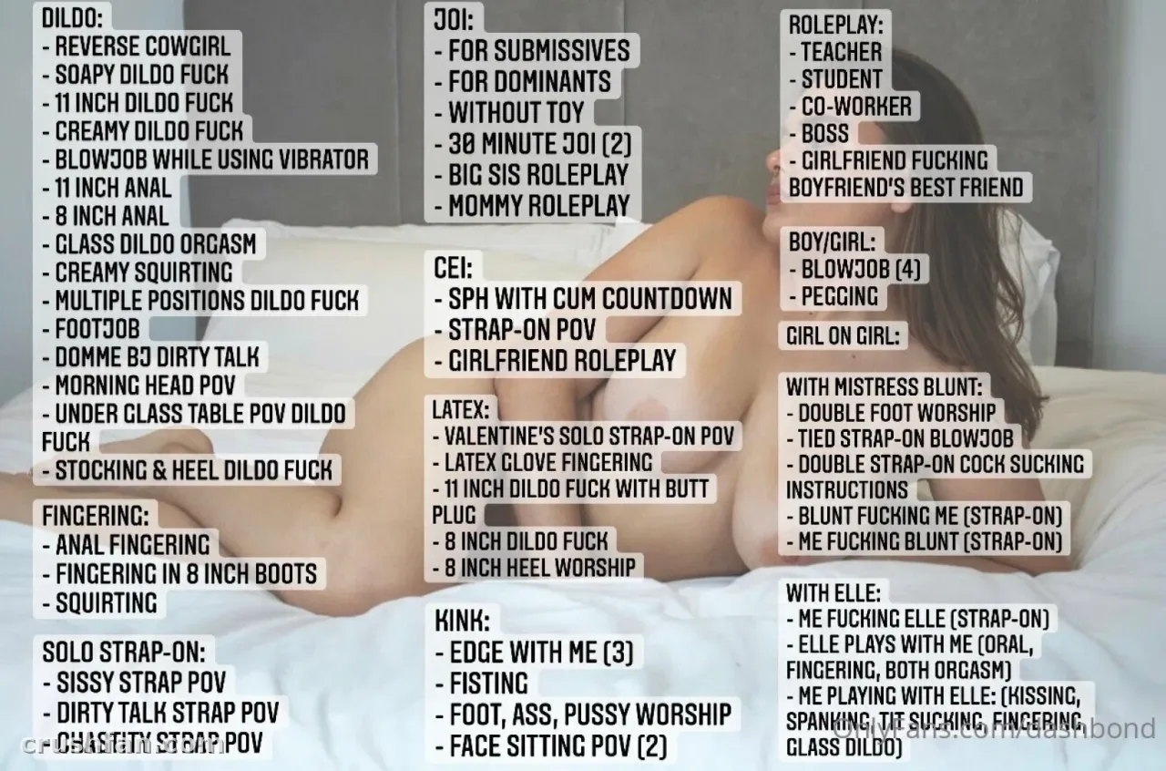 Dasha reclining on light bedding with a detailed content menu overlaid in columns