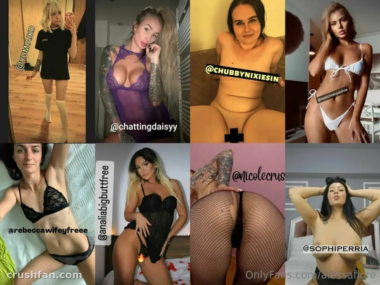 Colagem de retratos internos com criadores adultos verificados em lingerie e roupas de banho.