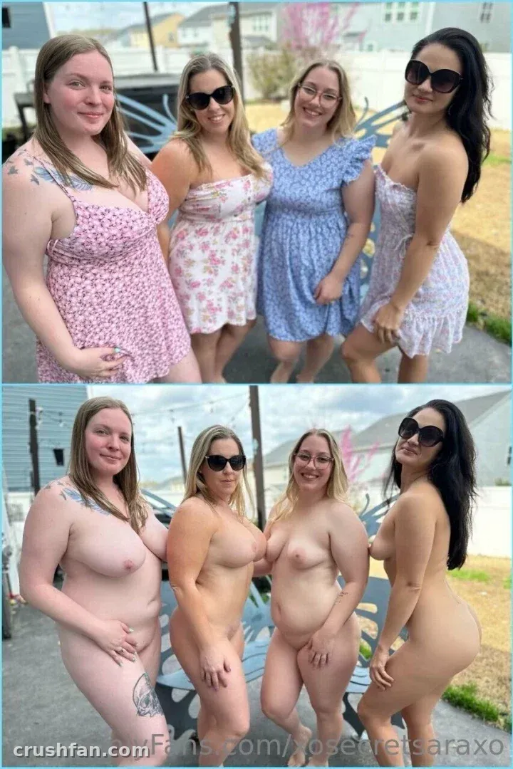 Sara dans une robe d'été à motifs aux côtés de trois accompagnantes sur une terrasse ensoleillée dans un collage photo en deux parties