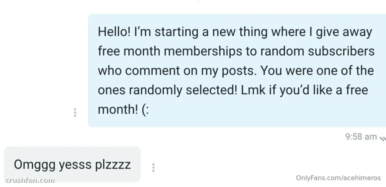 Capture d'écran d'un message de chat à propos d'un giveaway d'abonnement gratuit avec une réponse enthousiaste.