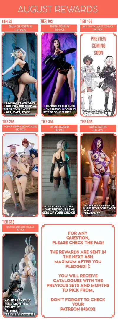 Promotional grid of cosplay looks with tier labels and reward text