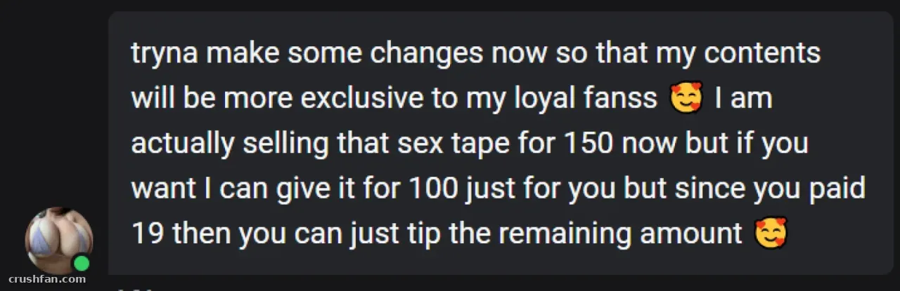 Captura de pantalla de un mensaje de chat sobre contenido exclusivo con una pequeña foto de perfil