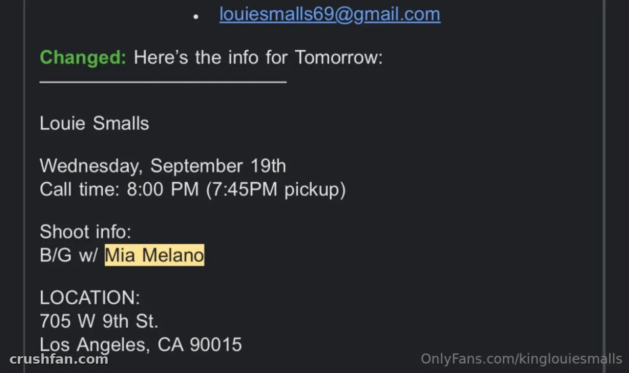 Dark screenshot of a shoot schedule message with highlighted text and a creator platform link.