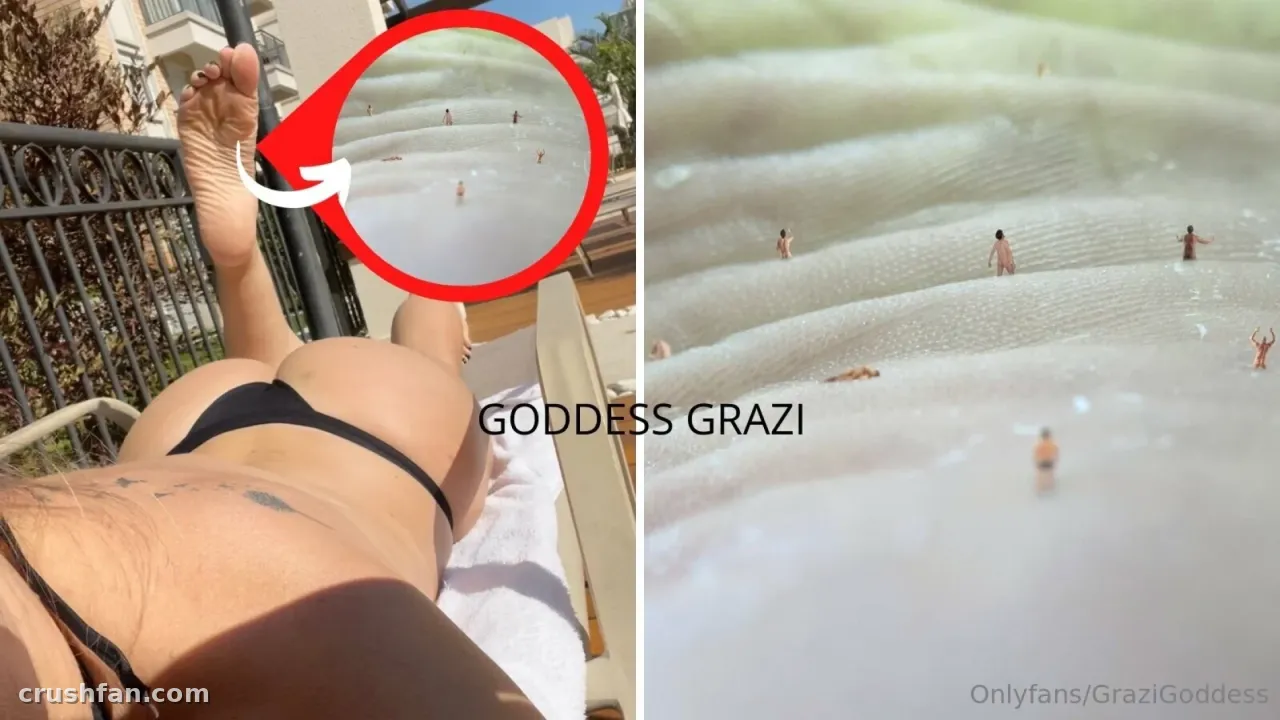 Goddess Grazi en bikini noir près d'une piscine avec un encart circulaire rouge de minuscules silhouettes dans l'eau
