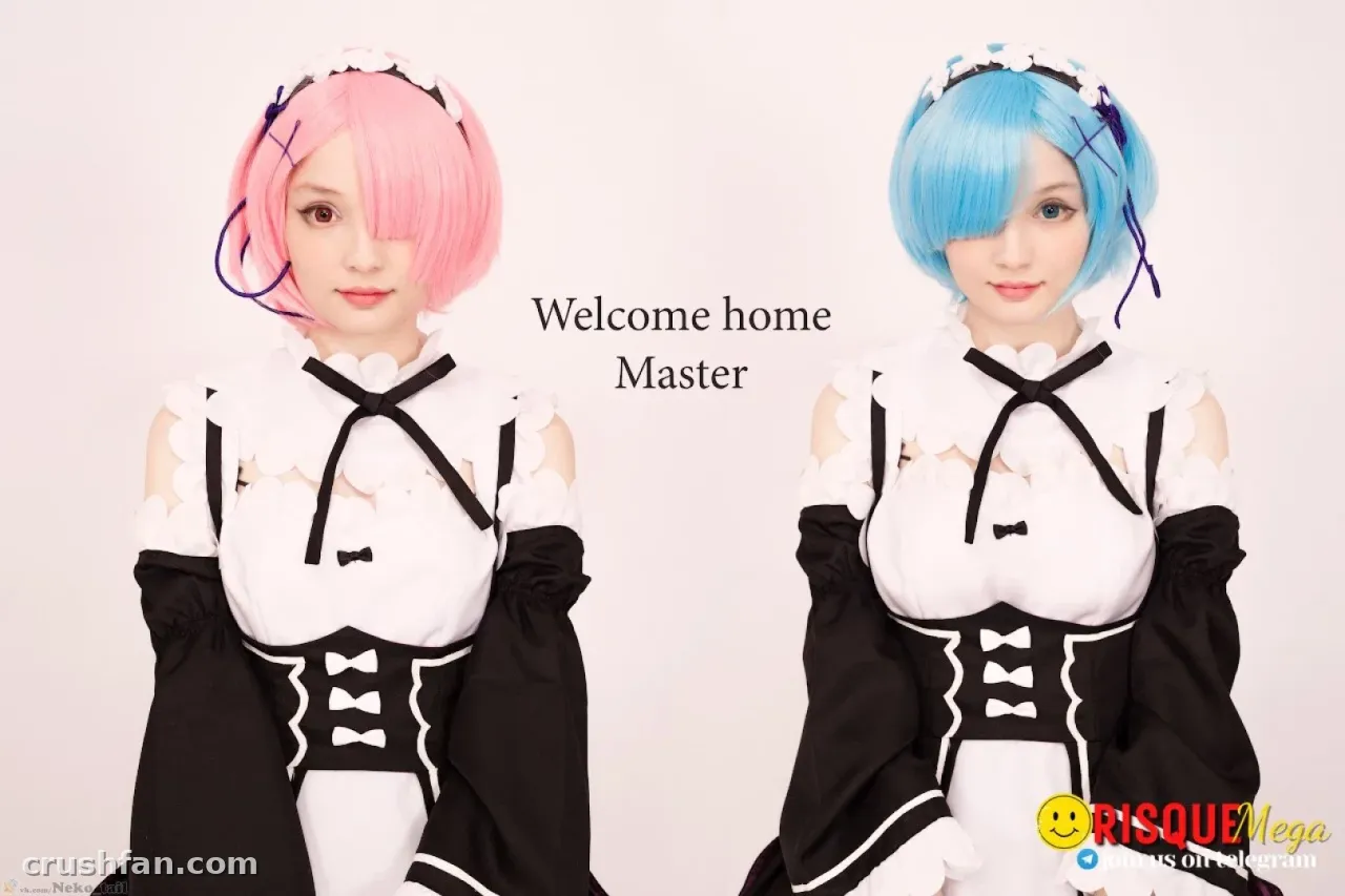 Creator em um cosplay de maid em preto e branco mostrado duas vezes com perucas chanel rosa e azul contra um fundo claro e liso