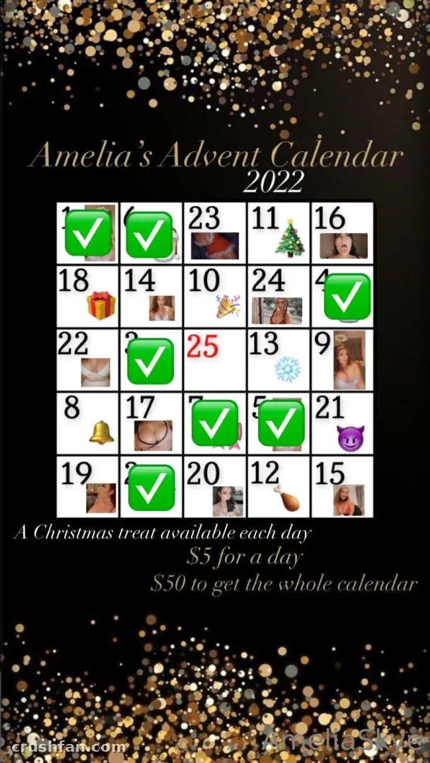 Festive advent calendar grid with gold confetti and green checkmarks on a dark background