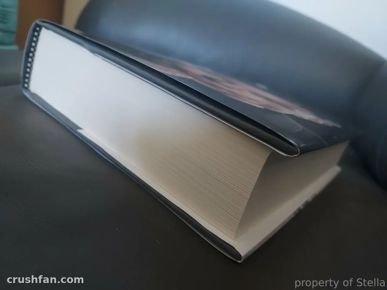 Un épais livre à couverture rigide reposant en biais sur une surface sombre