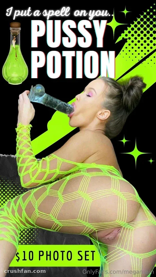 Megan Rain in a neon green fishnet bodysuit against a black graphic background