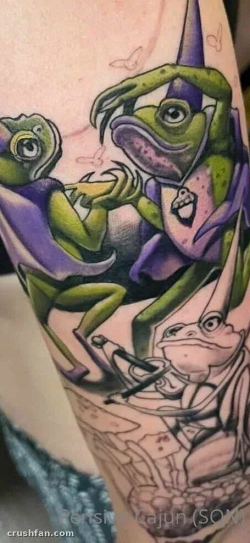 Close-up of a colourful frog wizard tattoo on an arm