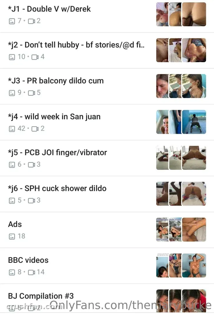 Screenshot of a video archive list with thumbnail previews for TheMaryBurke